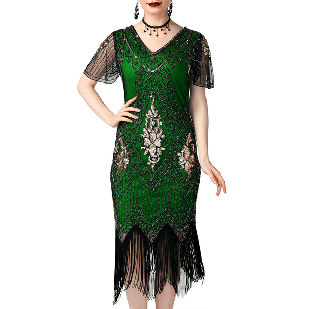 Womens 1920S Paisley Pattern Tiered Tassel Gatsby Flapper Beads Sling Dress 